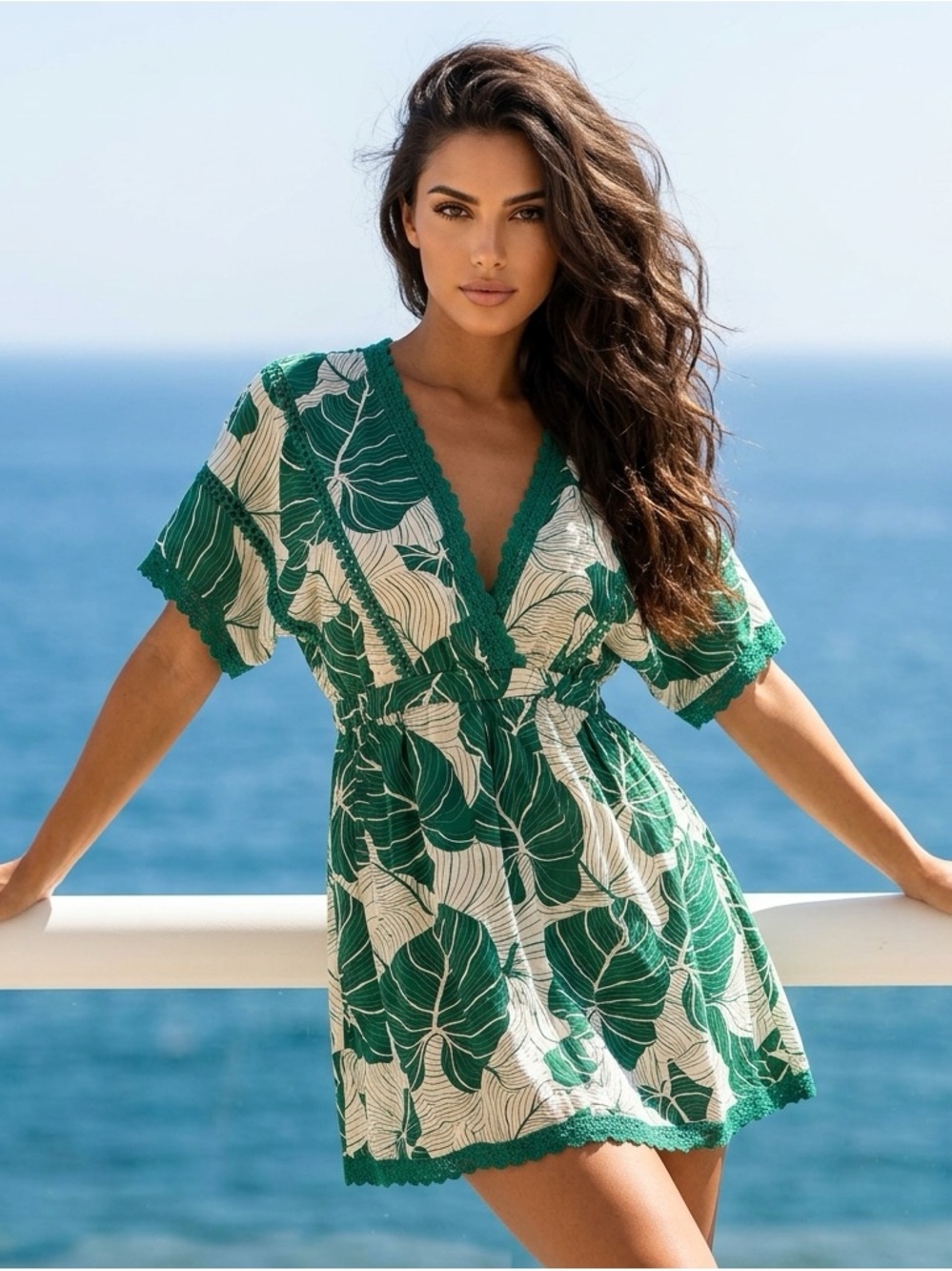 America & Beyond ~ Green Tropical Leaf V‑Neck Swim Coverup ~ Size M